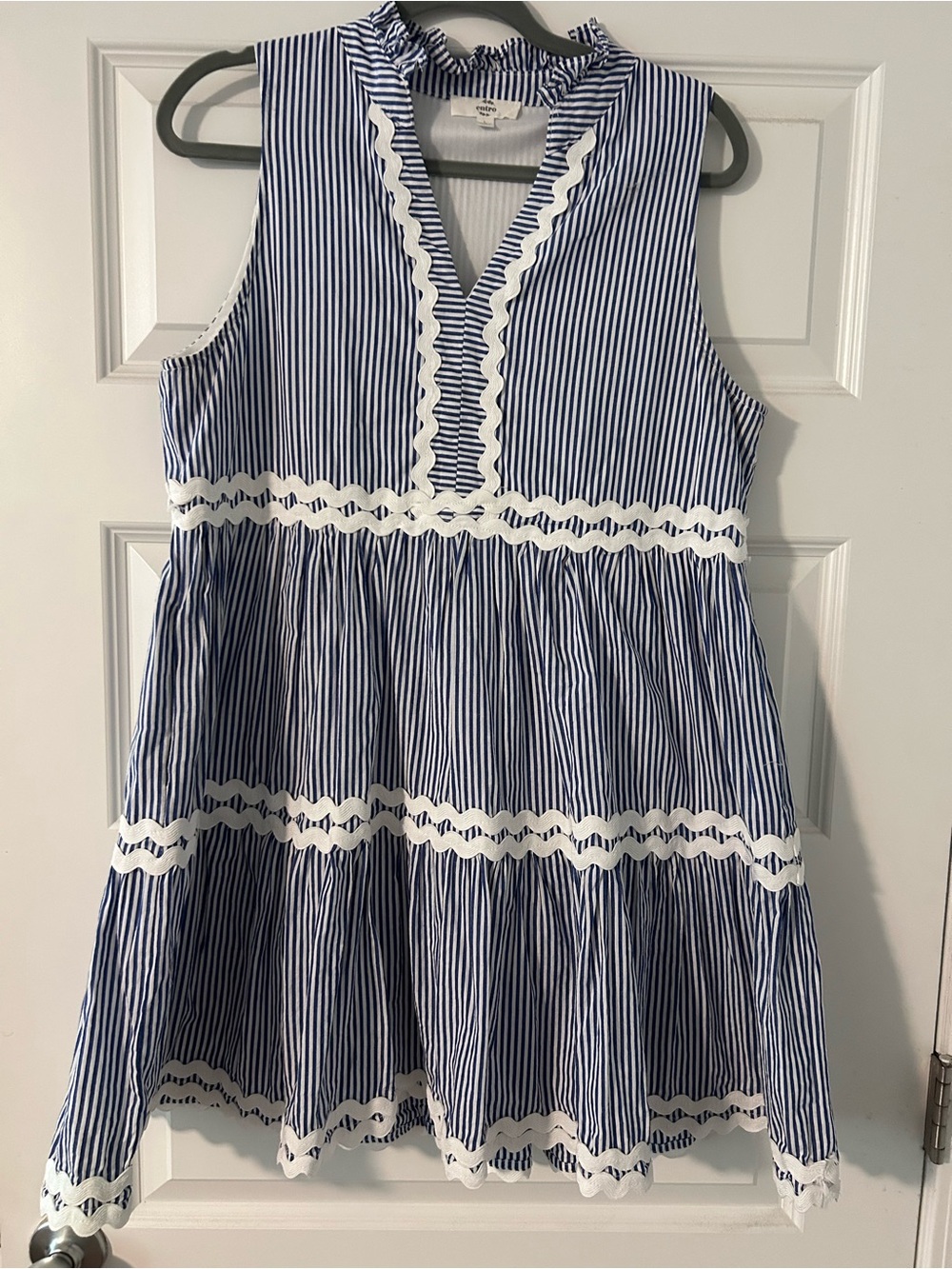 Blue and White Striped Ruffle Trim Dress